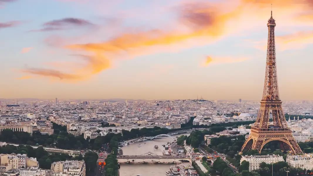 Paris — the Eiffel Tower glowing at golden hour