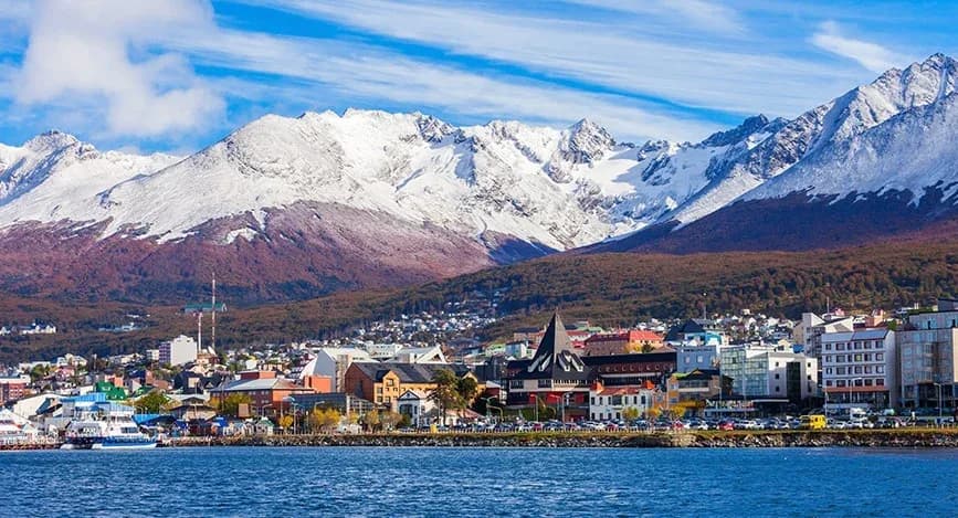 Ushuaia — snow-capped Andes peaks reflected in the glassy Beagle channel